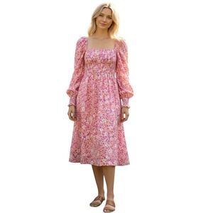 NWT FEW MODA Size Medium Floral Smocked Midi Dress Pink Front Slit